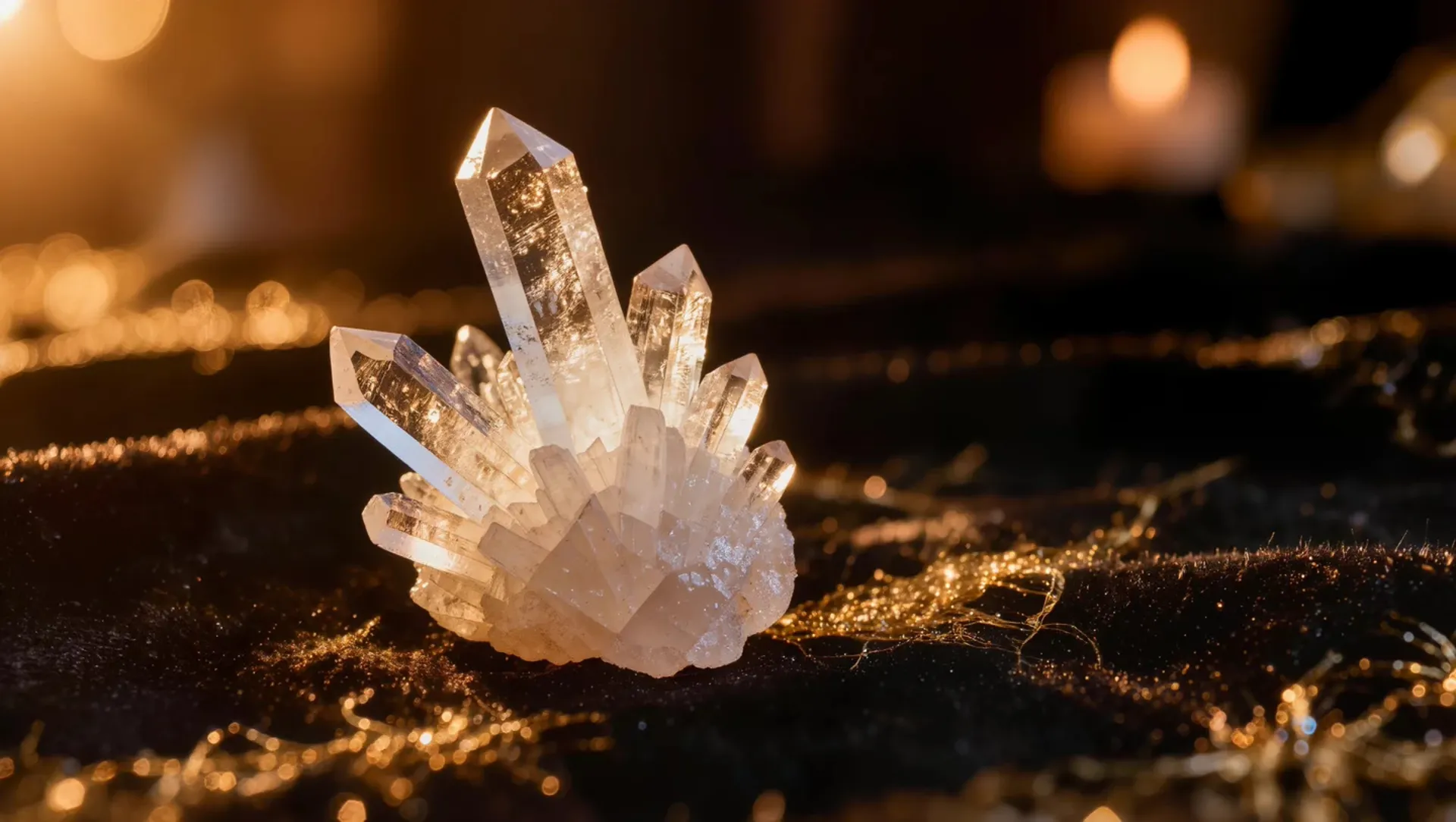Leuchtender Kristallcluster mit goldenen Reflexen im mystischen Licht
