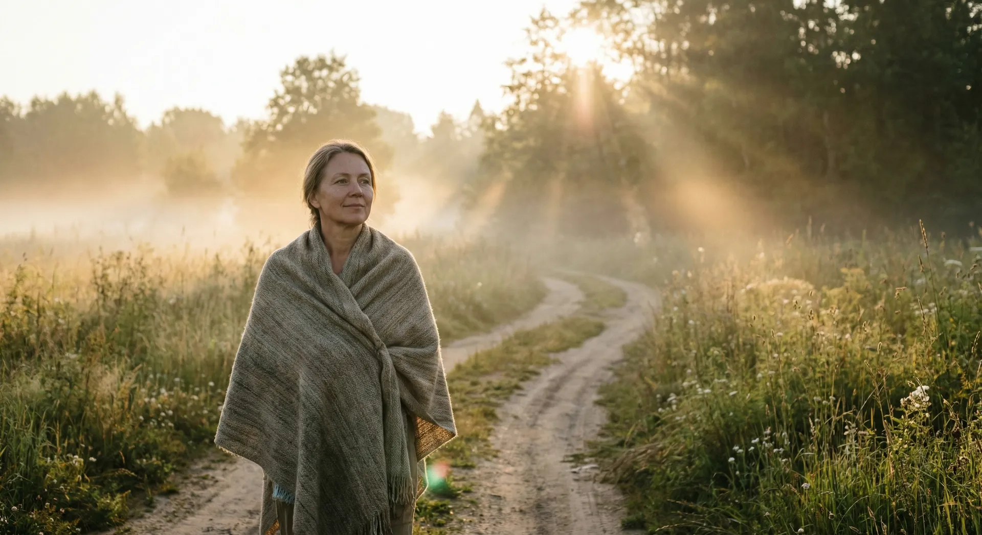 Frau auf nebligem Feldweg bei Sonnenaufgang mit Lichtstrahlen