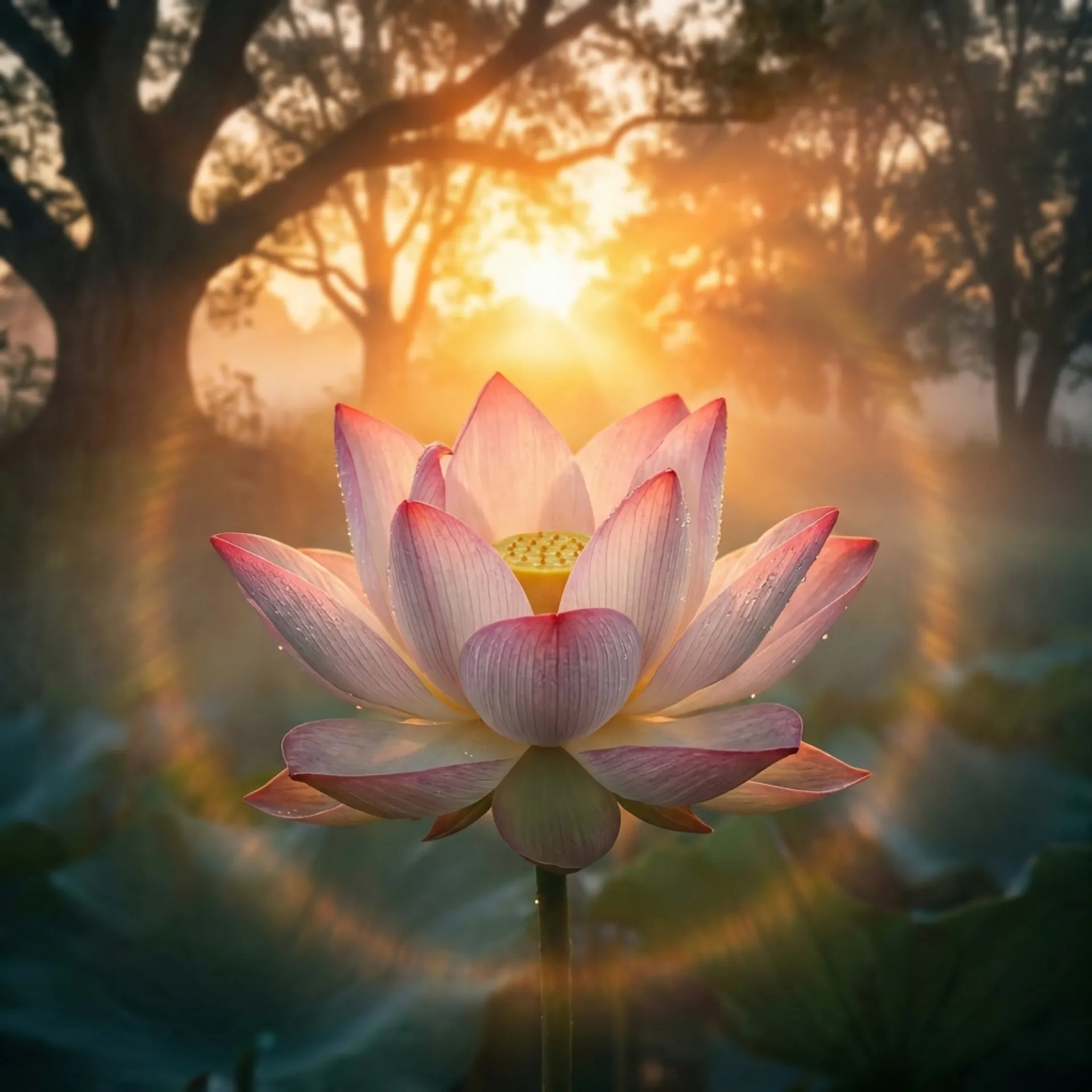 Leuchtende Lotusblume bei Sonnenaufgang mit goldenem Lichtschein