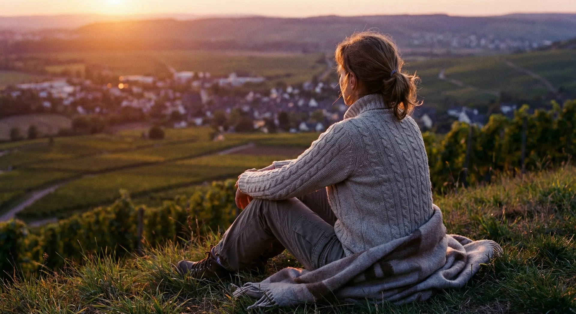 Frau sitzt auf einem Hügel und blickt bei Sonnenuntergang über Weinberge