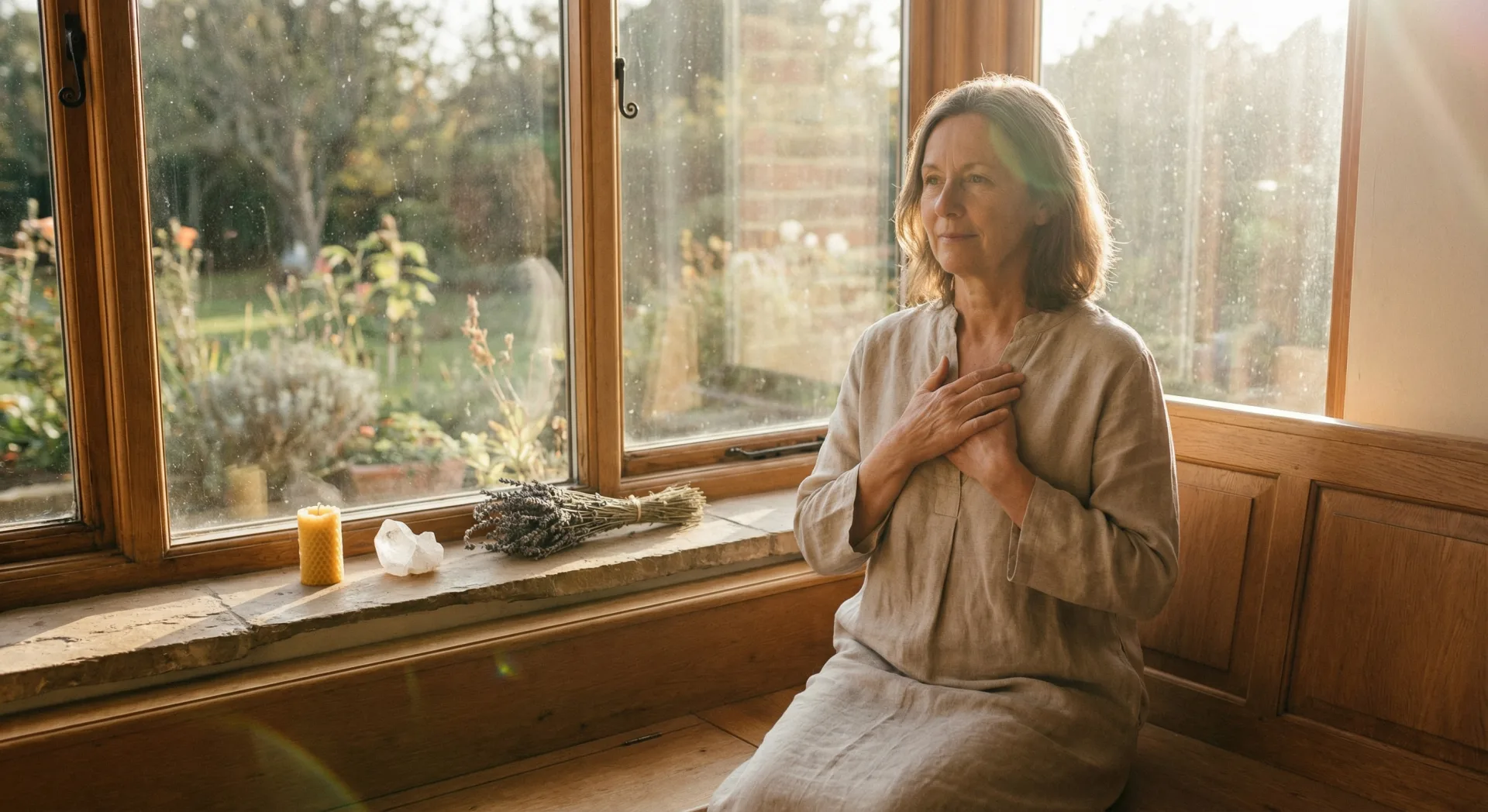 Frau sitzt friedlich am Fenster mit Händen am Herzen