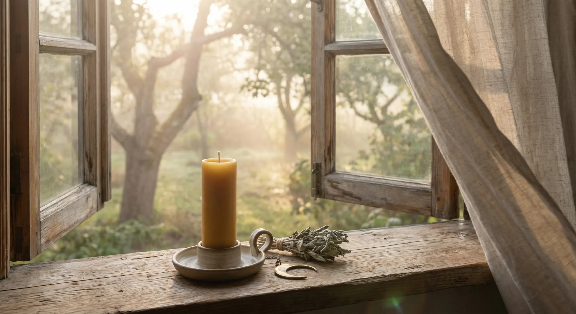 Kerze und Salbei am offenen Fenster mit Morgenlicht