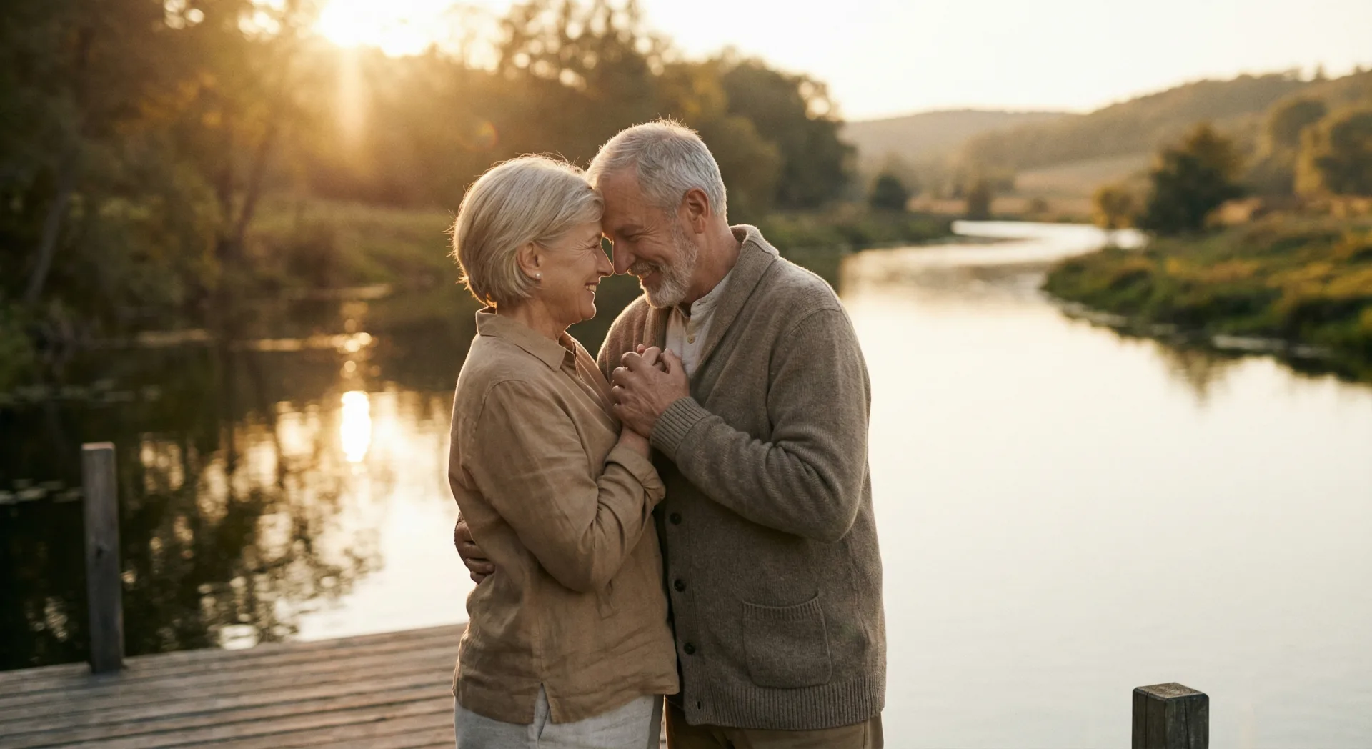 Liebevolles Paar umarmt sich am See bei Sonnenuntergang