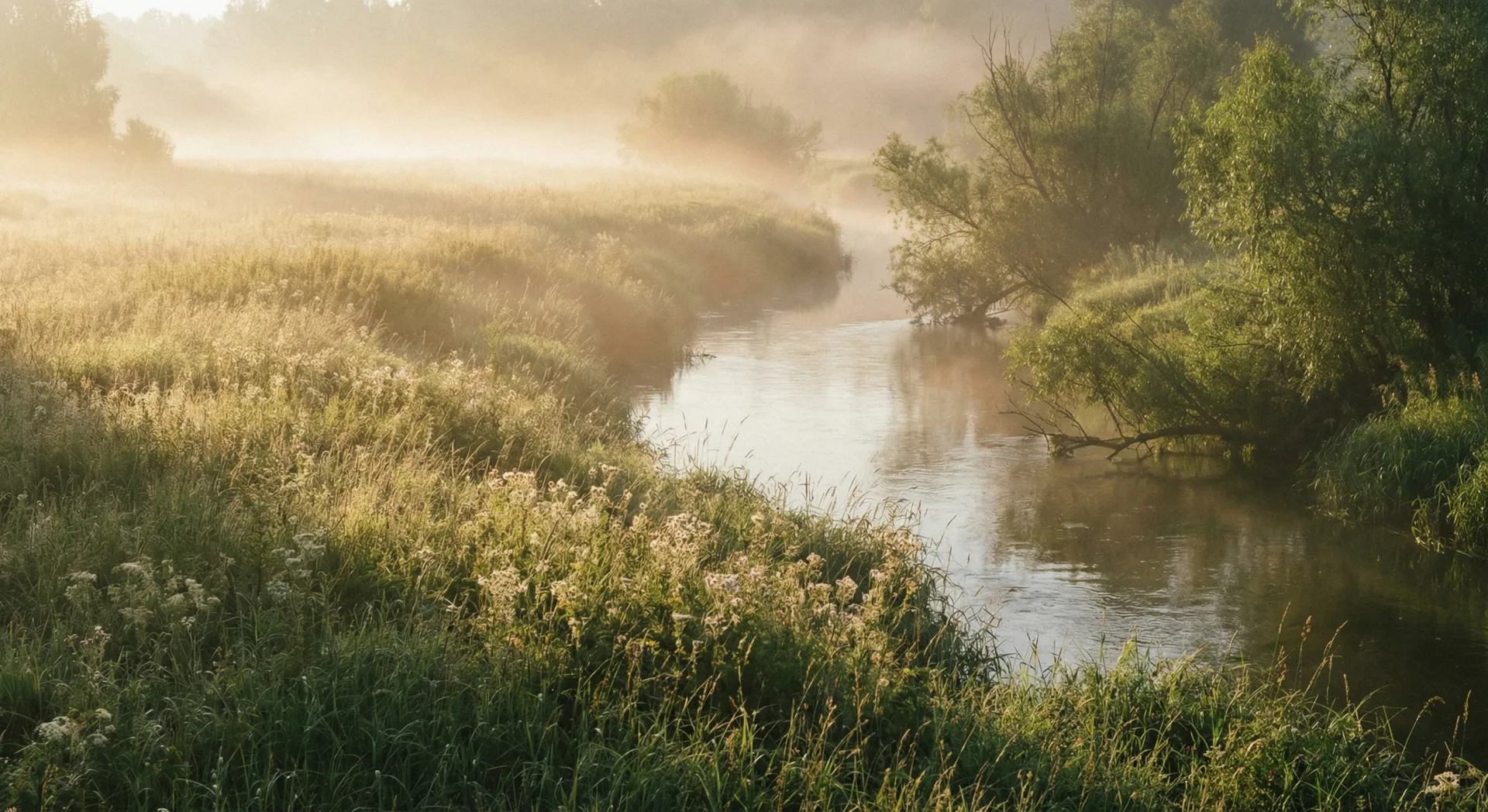 Neblige Flusslandschaft im Morgenlicht