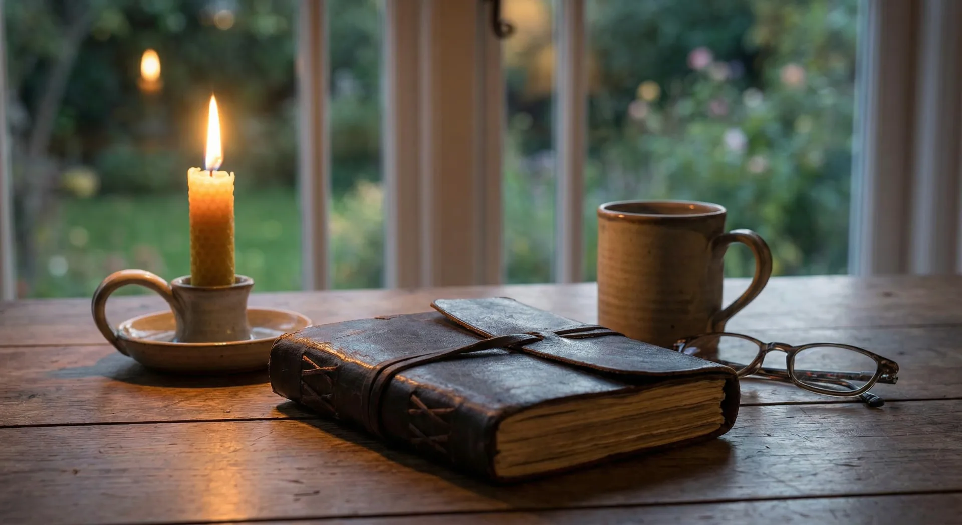 Altes Lederjournal mit Kerze und Tasse