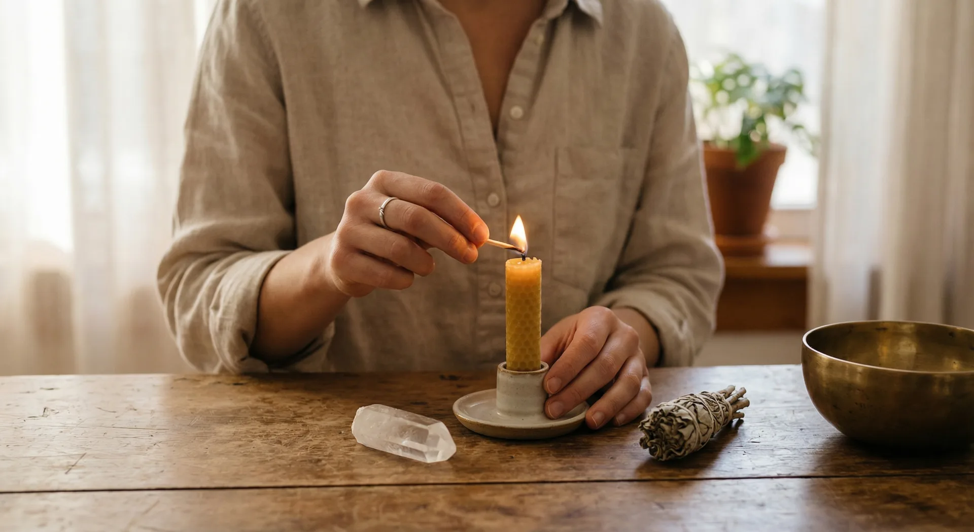 Hände entzünden eine Kerze mit Kristall und Salbei