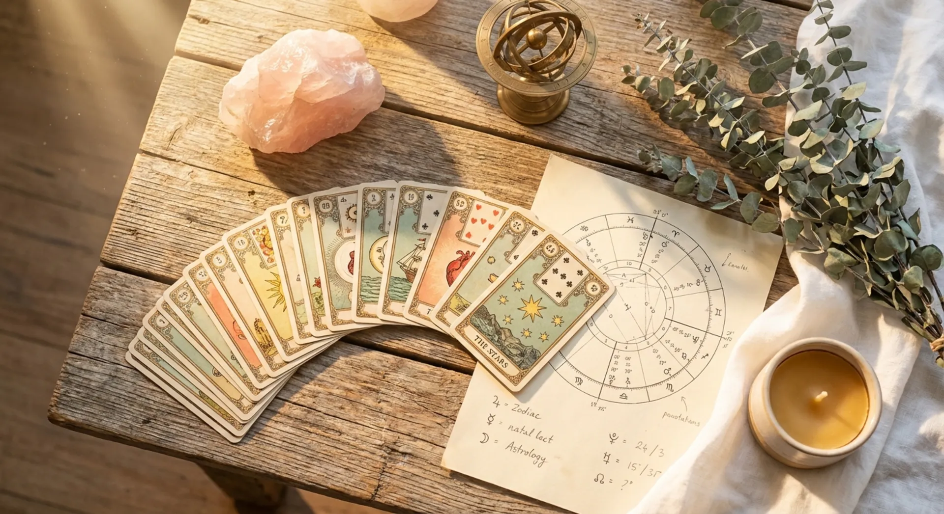 Aufgefächerte Tarotkarten auf rustikalem Holz mit Astrologiekarte und Rosenquarz