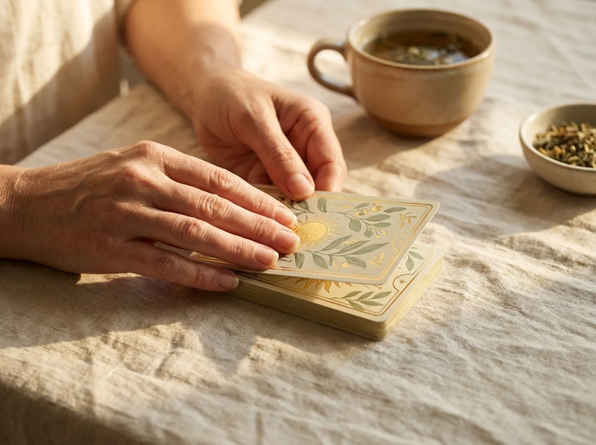 Hände legen Orakelkarten auf Leinentuch neben einer Teetasse