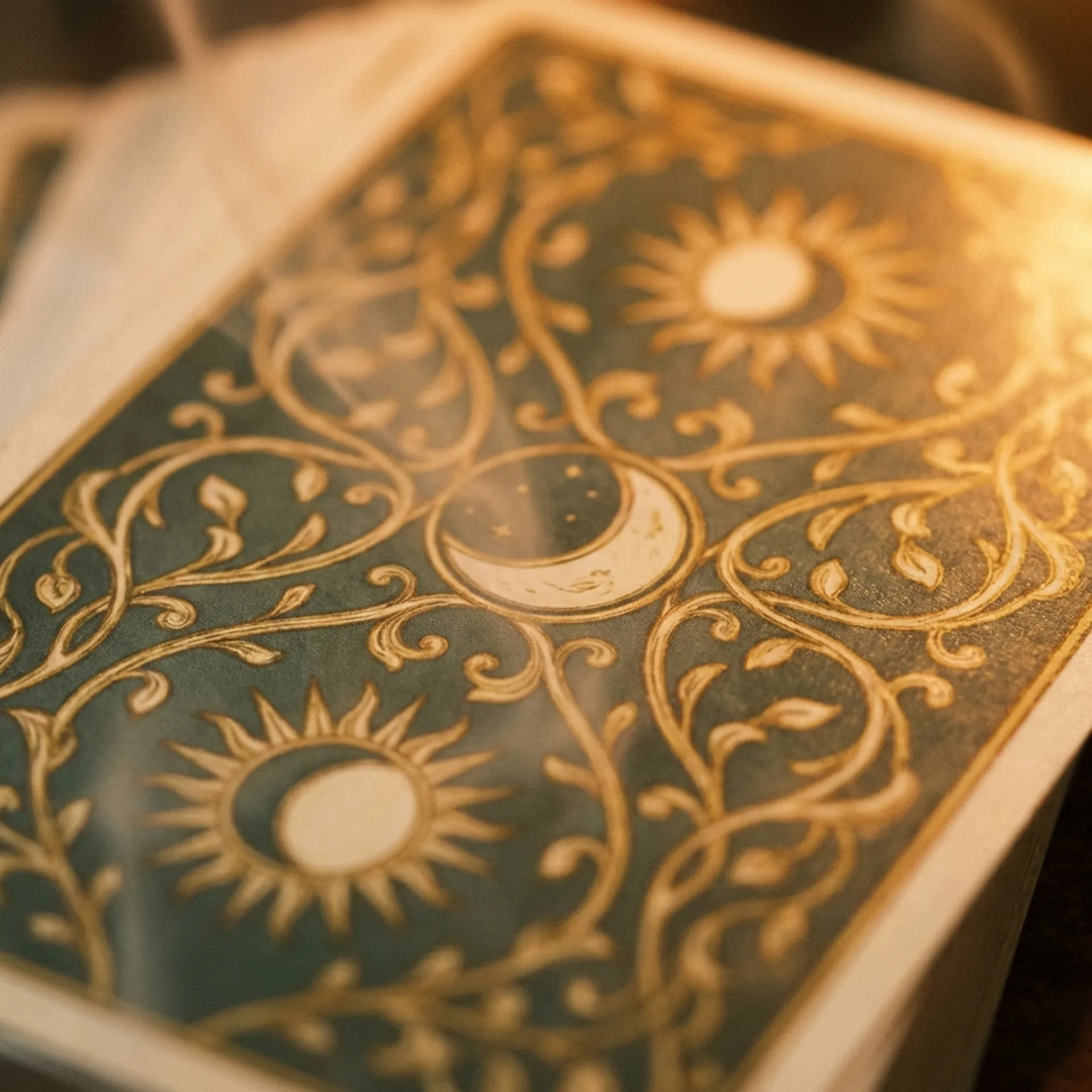 Kunstvoll verziertes Buch mit goldenen Sonnen- und Mondmotiven