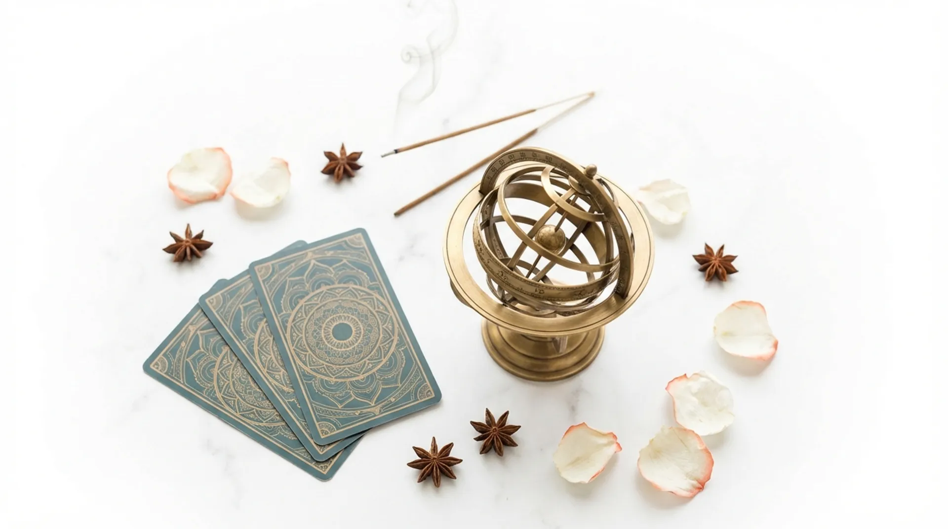 Türkisfarbene Tarotkarten auf weißem Marmor mit Armillarsphäre und Räucherstäbchen