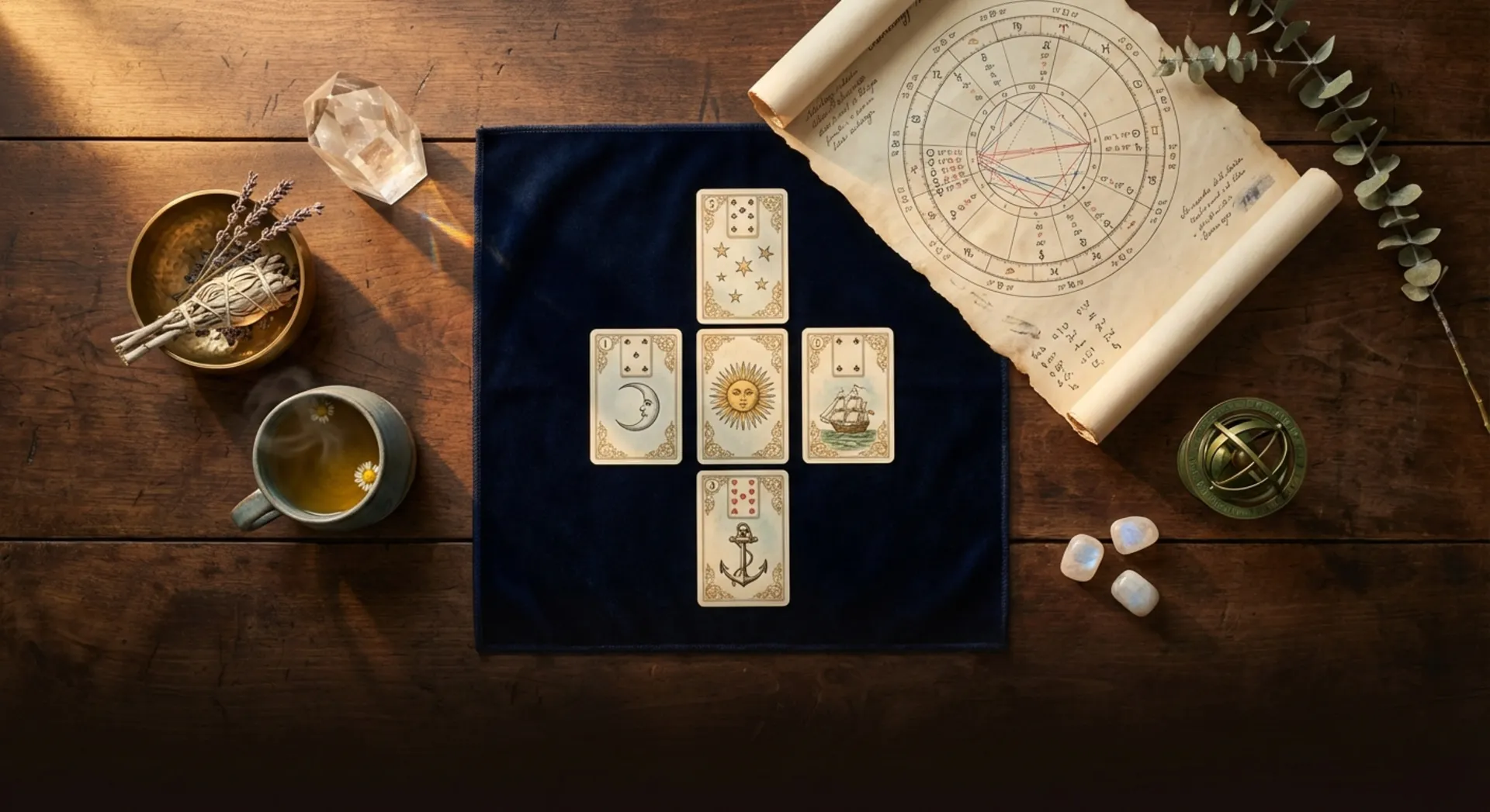 Lenormandkarten in Kreuzlegung auf blauem Samt mit Kristallen und Astrologierolle