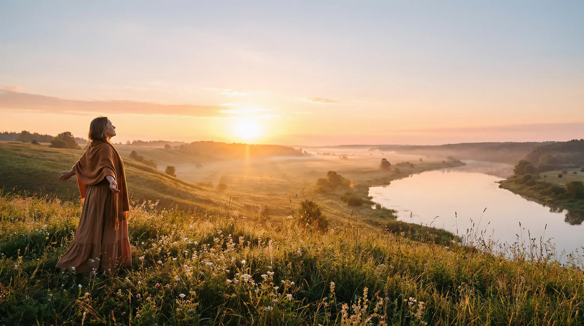 Frau in fließendem Kleid blickt bei Sonnenaufgang über eine Flusslandschaft