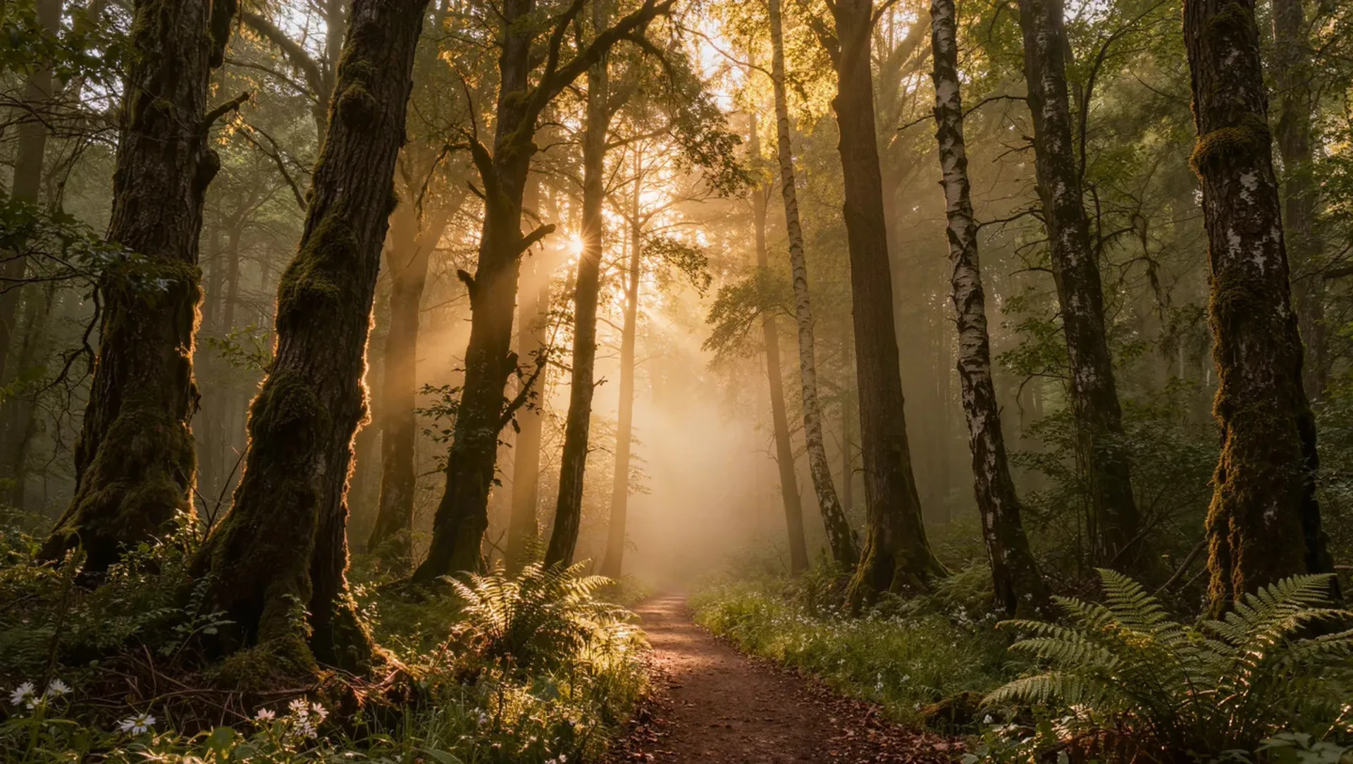 Nebliger Waldweg mit Sonnenstrahlen durch die Bäume