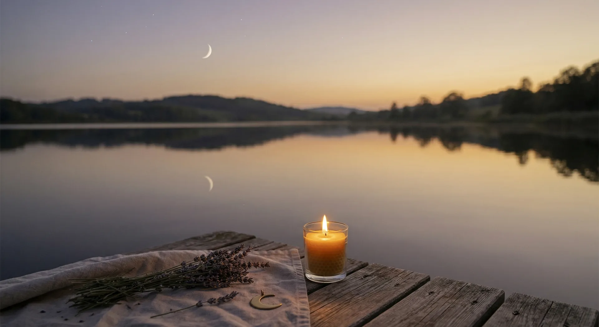 Kerze und Lavendel auf Steg bei Dämmerung mit Mondsichel